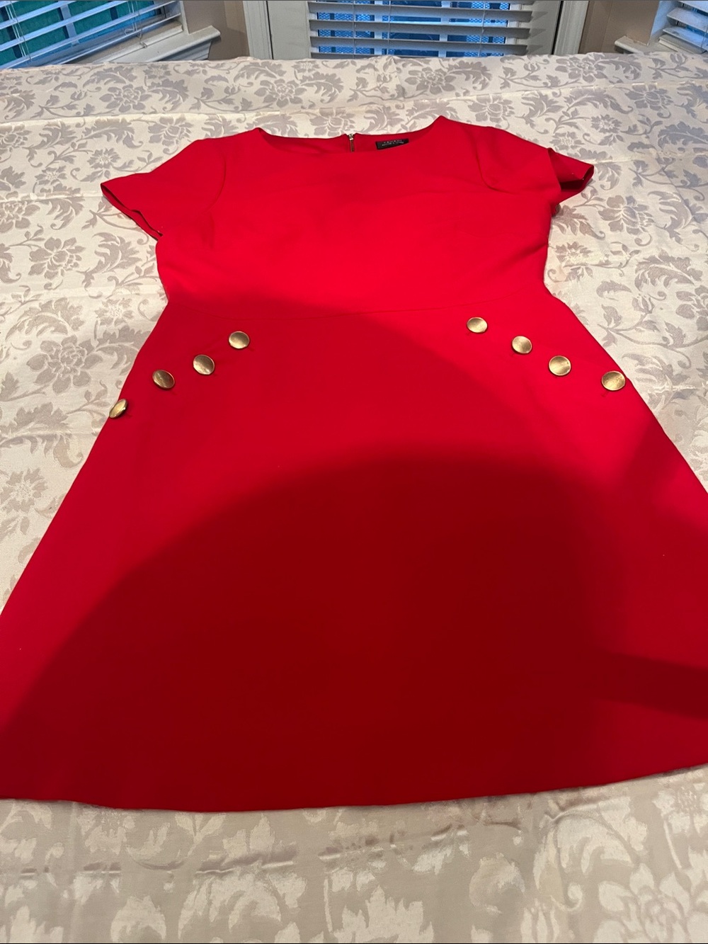 Tahari Red Short Sleeve A-Line Dress with Gold Button Detail